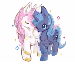 Size: 2559x2191 | Tagged: safe, artist:咻比嘟比, princess celestia, princess luna, alicorn, cewestia, cute, cutelestia, duo, duo female, eyes closed, female, filly, filly luna, foal, full body, g4, imported from derpibooru, looking at each other, looking at someone, lunabetes, mare, missing accessory, pink-mane celestia, pony, raised hoof, royal sisters, siblings, simple background, sisters, smiling, smiling at each other, standing, white background, woona, younger