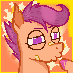 Size: 144x144 | Tagged: safe, artist:dapperlilarts, scootaloo, band-aid, band-aid on nose, bust, digital art, female, filly, foal, g4, imported from derpibooru, narrowed eyes, pegasus, pixel art, pony, pursed lips, solo, torn ear, unshorn fetlocks