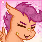 Size: 144x144 | Tagged: safe, artist:dapperlilarts, scootaloo, band-aid, band-aid on nose, bust, digital art, eyes closed, female, filly, foal, g4, imported from derpibooru, pegasus, pixel art, pony, smiling, solo, sparkles
