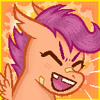 Size: 144x144 | Tagged: safe, artist:dapperlilarts, scootaloo, band-aid, band-aid on nose, bust, digital art, ears back, eyes closed, female, filly, foal, g4, imported from derpibooru, open mouth, open smile, pegasus, pixel art, pony, smiling, solo, tooth gap, torn ear