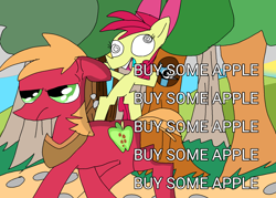 Size: 1721x1229 | Tagged: safe, artist:liliana-adbul45, apple bloom, annoyed, big macintosh, bipedal, brother and sister, buy some apples, chaotic, cross-popping veins, duo, duo male and female, earth pony, emanata, female, filly, foal, frown, g4, imported from derpibooru, male, meme, open mouth, open smile, outdoors, ponies riding ponies, pony, quadrupedal, riding, riding a pony, siblings, smiling, stallion, text, tree