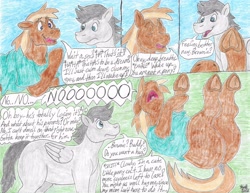 Size: 4386x3390 | Tagged: safe, artist:bluegreen369, oc, oc:brown sugar, oc:cloudy skies, big no, blank flank, blue background, blue eyes, breath, brown coat, brown mane, brown tail, butt, clothes, colt, concerned, denial, denial's not just a river in egypt, dialogue, do not want, dock, duo, duo male, ears back, earth pony, earth pony oc, exhale, eyebrows, eyebrows visible through hair, eyes closed, floppy ears, foal, folded wings, frog (hoof), g4, grass, gray coat, gray mane, gray tail, green background, hugs needed, human to pony, imported from derpibooru, laughing, looking at someone, looking at you, loose fitting clothes, lying down, male, no, not button mash, not rumble, oc only, offscreen character, on back, onomatopoeia, open mouth, outdoors, panic, part of a set, pegasus, pegasus oc, plot, pony, post-transformation, pov, purple eyes, raised hoof, screaming, shirt, simple background, sky, smiling, tail, thought bubble, traditional art, transformation, underhoof, volumetric mouth, wavy mouth, wings