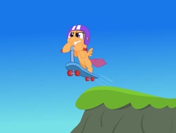 Size: 2000x1523 | Tagged: safe, artist:agreylongma, scootaloo, female, foal, g4, grin, helmet, imported from derpibooru, newbie artist training grounds, pegasus, pony, scooter, simple background, smiling, solo, spread wings, wings