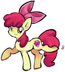 Size: 612x678 | Tagged: safe, artist:druqksyrp, apple bloom, :3, bow, closed mouth, earth pony, female, filly, foal, full body, g4, hair bow, imported from derpibooru, looking at you, motion lines, pink bow, pony, raised hoof, raised hooves