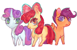 Size: 2000x1300 | Tagged: safe, artist:oksy, apple bloom, scootaloo, sweetie belle, bow, closed mouth, cutie mark crusaders, earth pony, female, filly, foal, g4, hair bow, horn, imported from derpibooru, looking at you, pegasus, pink bow, pony, simple background, smiling, spread wings, tongue out, unicorn, unshorn fetlocks, watermark, white background, wings