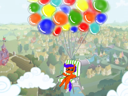Size: 800x600 | Tagged: safe, artist:anonymous, scootaloo, balloon, chair, drawthread, female, filly, floating, foal, g4, imported from derpibooru, lawn chair, lawnchair larry, ponyville, recolor, requested art, solo