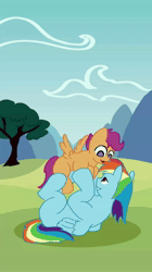 Size: 2160x3840 | Tagged: safe, artist:kladdrov, rainbow dash, scootaloo, animated, cute, cutealoo, dashabetes, duo, duo female, female, filly, flying, flying lesson, foal, folded wings, g4, imported from derpibooru, loop, lying down, mare, music, no pupils, on back, on grass, outdoors, pegasus, pony, scenery, scootalove, sound, spread wings, training, webm, wings