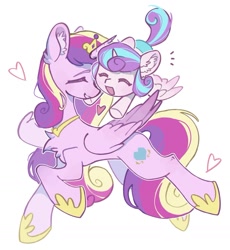 Size: 1245x1351 | Tagged: safe, artist:半夜不眠, princess flurry heart, age difference, alicorn, chest fluff, concave belly, crown, duo, duo female, ear fluff, eyes closed, female, filly, foal, full body, g4, heart, hoof shoes, imported from derpibooru, jewelry, mare, mother and child, mother and daughter, open mouth, open smile, peytral, pony, princess cadance, princess shoes, regalia, simple background, slender, smiling, spread wings, thin, white background, wings