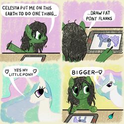 Size: 1000x1000 | Tagged: safe, artist:silkiesmoothie, princess celestia, princess luna, oc, oc:filly anon, 4 panel comic, clip studio paint, comic, drawing, drawing tablet, drawthread, female, filly, foal, g4, heart, implied butt, implied plot, imported from derpibooru, mare, pony, post flag:cozy glow, requested art, screen tablet, speech bubble, tiny butt