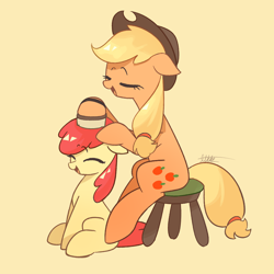 Size: 2000x2000 | Tagged: safe, artist:otkke, apple bloom, applejack, adorabloom, apple sisters, blank flank, brush, brushing, cute, duo, duo female, earth pony, eyebrows, eyebrows visible through hair, eyes closed, female, filly, floppy ears, foal, g4, high res, imported from derpibooru, jackabetes, mare, open mouth, open smile, orange background, pony, siblings, signature, simple background, sisters, sitting, smiling, stool, wholesome