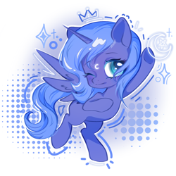Size: 1080x1080 | Tagged: safe, artist:贝贝吖, princess luna, abstract background, alicorn, blushing, cute, female, filly, filly luna, foal, forehead mark, full body, g4, imported from derpibooru, lunabetes, mare, missing accessory, missing cutie mark, one eye closed, pony, rearing, solo, spread wings, weapons-grade cute, wings, woona, younger