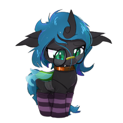 Size: 1728x1728 | Tagged: semi-grimdark, artist:cicadalous, oc, oc:c1558, broken wing, changeling, changeling oc, clothes, collar, derpibooru exclusive, female, filly, foal, glasses, implied abuse, imported from derpibooru, nymph, oc only, round glasses, sad, scratches, simple background, socks, solo, striped socks, transparent background, wings