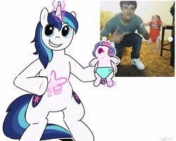 Size: 4096x3277 | Tagged: safe, artist:wolflly, princess flurry heart, shining armor, alicorn, clueless, crying, diaper, father and child, father and daughter, female, finger gun, foal, g4, glowing, glowing horn, hand, holding a pony, horn, imported from derpibooru, magic, magic hands, male, pony, shining armor is a goddamn moron, stallion, unicorn