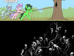 Size: 3200x2400 | Tagged: semi-grimdark, artist:darkdoomer, diamond tiara, silver spoon, oc, oc:filly anon, bipedal, creepy, demon, dialogue, earth pony, eyes in the dark, female, filly, foal, g4, glowing, glowing eyes, happy, imported from derpibooru, nightmare fuel, open mouth, open smile, pony, pulling, rope, singing, smiling, speech bubble, summoning, this will end in tears, tree, underworld
