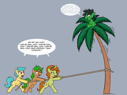 Size: 3200x2400 | Tagged: safe, artist:darkdoomer, oc, oc:filly anon, oc:fun raiser, oc:morning mimosa, oc:soiree, bipedal, dialogue, earth pony, female, filly, foal, hoof hold, horn, imported from derpibooru, mare, mare fair, missing braces, oc only, open mouth, palm tree, pony, pulling, rope, singing, speech bubble, this will end in pain, tree, unicorn, vulgar