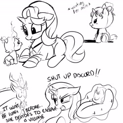 Size: 4096x4096 | Tagged: safe, artist:wolflly, starlight glimmer, clothes, diaper, discord, draconequus, female, foal, g4, horn, imported from derpibooru, luster dawn, male, mare, pony, shirt, sketch, trixie, unicorn