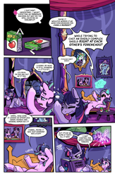 Size: 2008x3071 | Tagged: safe, artist:furufoo, princess celestia, starlight glimmer, twilight sparkle, comic:magical harmonics, alicorn, apple juice, bags under eyes, blushing, burger, bust, comic, cute, dialogue, drink, female, filly, filly twilight sparkle, foal, food, g4, hoof heart, horn, ice pack, imported from derpibooru, indoors, juice, juice box, lesbian, magic, magic aura, messy mane, photo album, pillar, pony, portrait, reading, scroll, ship:twistarlight, shipping, shrug, sitting, smug, telekinesis, that pony sure does love burgers, tired, treelight sparkle, trixie, twilight's castle, underhoof, unicorn, younger