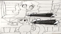 Size: 1920x1080 | Tagged: explicit, artist:andy hunter, oc, oc:dyx, oc:filly anon, anus, butt, clitoris, comic, earth pony, female, filly, foal, foalcon, genitals, horn, imported from derpibooru, lineart, nudity, ponut, presenting, presenting pussy, speech bubble, text, unicorn, vulva, vulvar winking