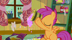 Size: 480x270 | Tagged: safe, artist:limeylassen, scootaloo, animated, cute, cutealoo, edit, edited screencap, female, filly, foal, g4, gif, glitter, grin, hearts and hooves day, hearts and hooves day (episode), imported from derpibooru, looking at you, my little pony: friendship is magic, pegasus, pony, pouring, pure unfiltered evil, screencap, season 2, smiling, solo, wat, zoom in