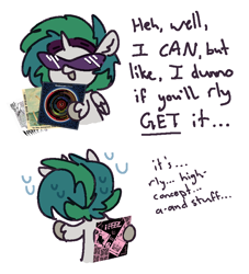 Size: 754x832 | Tagged: safe, artist:anonymous, oc, oc:myx, 2 panel comic, alicorn, colored, comic, dj pon-3, drawthread, female, filly, foal, g4, i feel (album), imported from derpibooru, in silico, in the aeroplane over the sea, k-pop, neutral milk hotel, nightmare vinyl scratch, nightmarified, pendulum (band), pony, requested art, shading, solo, speech bubble, turntable, vinyl scratch