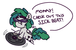 Size: 881x585 | Tagged: safe, artist:anonymous, oc, oc:myx, alicorn, cel shading, colored, dj pon-3, drawthread, female, filly, foal, g4, imported from derpibooru, nightmare vinyl scratch, nightmarified, pony, requested art, shading, solo, speech bubble, turntable, vinyl scratch