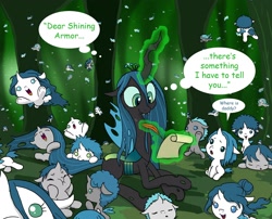 Size: 2440x1976 | Tagged: safe, artist:doublewbrothers, queen chrysalis, baby changeling, changeling, changeling hive, changepony, colt, comic, cropped comic, crossbreeding, cute, cuteling, dialogue, female, filly, flying, foal, g4, glowing, glowing horn, half changeling, halfling, horn, hybrid, implied infidelity, implied shining armor, imported from derpibooru, lying down, magic, male, mommy chrissy, nom, offspring, parent:queen chrysalis, parent:shining armor, quill, siblings, sitting, sleeping, smiling, speech bubble, straight, telekinesis, thought bubble