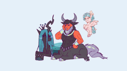 Size: 2000x1120 | Tagged: safe, artist:frank3dz, queen chrysalis, animated, centaur, changeling, changeling queen, cozy glow, female, filly, flying, foal, g4, gif, grin, imported from derpibooru, legion of doom, light blue background, loop, lord tirek, lying down, male, no sclera, pegasus, pony, prone, simple background, smiling, taur, tooth gap, trio