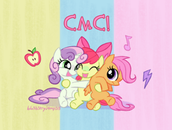 Size: 1128x846 | Tagged: safe, artist:flutterberrypie, apple bloom, scootaloo, sweetie belle, alternate version, cutie mark crusaders, earth pony, female, filly, foal, g4, group hug, hape, horn, hug, imported from derpibooru, one eye closed, open mouth, open smile, pegasus, personal space invasion, pony, signature, sitting, smiling, trio, trio female, underhoof, unicorn