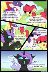 Size: 4200x6300 | Tagged: suggestive, artist:ariburin, apple bloom, oc, oc:snowie aura, oc:vexra, changeling, comic, dirty talk, earth pony, facial, female, filly, foal, foalcon, g4, horn, human, imported from derpibooru, outdoors, pony, unicorn, vulgar