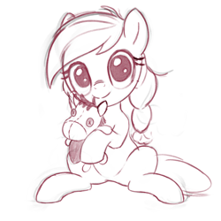 Size: 2000x2000 | Tagged: safe, artist:ponypretzel, oc, oc:filly anon, braid, female, filly, foal, g4, holding, imported from derpibooru, looking at you, monochrome, oc only, pony, sitting, sketch, smarty pants, smiling, solo