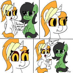 Size: 2000x2000 | Tagged: safe, artist:saikobyte, oc, oc:dyx, oc:filly anon, alicorn, asdfmovie, cartoon violence, comic, earth pony, female, filly, foal, imported from derpibooru, knife, pony, speech bubble, stabbed