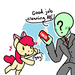 Size: 480x480 | Tagged: safe, artist:anonymous, apple bloom, oc, oc:anon, 100 grand, blushing, candy bar, drawthread, duo, earth pony, female, filly, floating heart, foal, g4, green blush, happy, heart, human, imported from derpibooru, jumping, male, one page comic, paying, requested art, yay, yellow blush