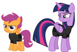 Size: 2200x1500 | Tagged: safe, artist:yognaughtsteve, scootaloo, twilight sparkle, fanfic:helljumpers, alicorn, clothes, duo, duo female, female, filly, foal, g4, halo (series), imported from derpibooru, mare, pegasus, pony, simple background, transparent background