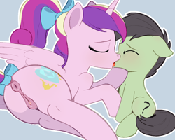 Size: 1600x1279 | Tagged: explicit, artist:ponypretzel, oc, oc:colt anon, alicorn, anatomically correct, anus, blushing, bow, butt, canon x oc, clitoris, colt, earth pony, earth pony oc, eyes closed, female, foal, foalcon, french kiss, g4, genitals, hair bow, imported from derpibooru, kissing, lovebutt, male, nudity, older female, plot, ponut, pony, princess cadance, shipping, straight, straight shota, tail, tail bow, teen princess cadance, vulva, vulvar winking