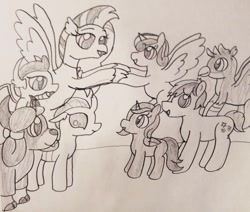 Size: 1280x1087 | Tagged: safe, artist:lunashy21, princess flurry heart, oc, oc:nyx, 2020, alicorn, alicorn oc, braid, braided pigtails, changedling, changeling, classical hippogriff, dragon, earth pony, female, female oc, filly, filly oc, foal, folded wings, g4, gallus, griffon, hippogriff, horn, imported from derpibooru, indoors, jewelry, looking at each other, looking at someone, male, male and female, monochrome, my little pony: friendship is magic, ocellus, octet, octet male and female, pearl of transformation, pigtails, pony, pony oc, requested art, requester:railpony, sandbar, school daze, school of friendship, season 8, silverstream, smolder, spread wings, student six, tail, traditional art, wings, yak, yona