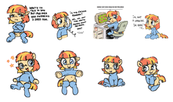Size: 2052x1216 | Tagged: safe, artist:myra, oc, oc:aimless, bipedal, blank flank, collage, computer, cute, dialogue, earth pony, farm merge valley, female, filly, foal, imported from derpibooru, joke, monitor, oc only, pony, simple background, sitting, video game, white background