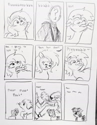 Size: 1806x2327 | Tagged: safe, artist:pony quarantine, oc, oc:anon, series:pq funnies, colt, comic, comic strip, cute, earth pony, female, foal, grayscale, human, imported from derpibooru, male, mare, monochrome, oc only, onomatopoeia, pencil drawing, pony, raspberry, raspberry noise, running, silly, tongue grab, tongue out, traditional art, trio