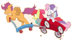 Size: 1500x855 | Tagged: safe, artist:gibby17, apple bloom, scootaloo, sweetie belle, blank flank, bucket, buzzing wings, cutie mark crusaders, derpibooru exclusive, earth pony, female, filly, foal, g4, horn, imported from derpibooru, mouth hold, outline, paint, paint bucket, paintbrush, pegasus, pony, scootaloo's scooter, simple background, transparent background, trio, unicorn, wagon, wings