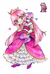 Size: 2015x2984 | Tagged: safe, artist:liaaqila, sweetie belle, alternate version, clothes, commission, crossover, crown, cute, dress, duo, duo female, female, filly, foal, g4, heart, holding a pony, horn, hug, human, imported from derpibooru, jewelry, pink hair, pixel art, pony, princess (terraria), regalia, shoes, simple background, smiling, sprite, terraria, traditional art, unicorn, white background