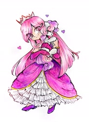 Size: 2176x2987 | Tagged: safe, artist:liaaqila, sweetie belle, clothes, commission, crossover, crown, cute, diasweetes, dress, duo, duo female, female, filly, foal, g4, heart, holding a pony, horn, hug, human, imported from derpibooru, jewelry, pink hair, pony, princess (terraria), regalia, shoes, simple background, smiling, terraria, traditional art, unicorn, white background
