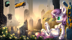 Size: 5000x2805 | Tagged: safe, artist:atlas-66, sweetie belle, aircraft, city, cityscape, cyberpunk, female, filly, flower, foal, g4, grin, imported from derpibooru, leaning back, lidded eyes, robot, science fiction, sitting, smiling, solo focus, sweetie bot, wires