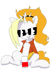 Size: 2480x3508 | Tagged: safe, artist:hotwater, oc, oc:dyx, alcohol, alicorn, beer, beer can, chest fluff, cigarette, drink, female, filly, foal, imported from derpibooru, oc only, pony, ponytail, sharp teeth, simple background, smiling, smirk, smoking, solo, spread legs, spreading, strategically covered, sunglasses, teeth, transparent background
