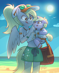 Size: 2234x2735 | Tagged: safe, artist:xconito, anthro, bag, baseball cap, beach, belly, belly button, boop, cap, chromatic aberration, clothes, cute, daaaaaaaaaaaw, derpabetes, derpy hooves, dinkabetes, dinky hooves, duo, duo female, equestria girls outfit, equestria's best daughter, equestria's best mother, eyebrows, eyebrows visible through hair, female, filly, floppy ears, foal, g4, hat, high res, horn, imported from derpibooru, mare, midriff, mother and child, mother and daughter, noise, outdoors, pegasus, ponytail, sandals, signature, sun, sunglasses, sunglasses on head, swimming trunks, swimsuit, two-piece swimsuit, unguligrade anthro, unicorn