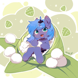 Size: 2048x2048 | Tagged: safe, artist:三月哟mar, princess luna, alicorn, blushing, cotton, crown, cute, female, filly, filly luna, foal, full body, g4, holding, horn, imported from derpibooru, jewelry, looking at you, mare, missing accessory, open mouth, open smile, pony, regalia, small horn, smiling, smiling at you, solo, woona, younger