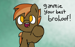 Size: 1386x859 | Tagged: safe, artist:cheeziegal87, button mash, brown coat, bucktooth, buttonbetes, colt, cute, doodle, earth pony, foal, g4, hoofbump, imported from derpibooru, looking at you, male, open mouth, orange eyes, orange mane, pointing at you, pony, smiling, solo, talking to viewer, text