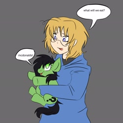 Size: 2048x2048 | Tagged: safe, artist:lapratsqueek, oc, oc:filly anon, 2026, canada, canada (hetalia), clothes, crossover, cute, dialogue, digital art, duo, duo male and female, female, filly, foal, gray background, hetalia, holding a pony, imported from derpibooru, male, mcdonald's, nation humans, pony, request, requested art, simple background, sweater, underhoof