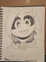 Size: 3000x4000 | Tagged: safe, artist:pony quarantine, oc, oc:dyx, alicorn, choker, clothes, collar, dyxbetes, female, filly, foal, grayscale, horn, imported from derpibooru, jacket, looking at you, mlem, monochrome, oc only, pony, signature, silly, snoofa, solo, tongue out, traditional art