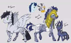 Size: 4600x2773 | Tagged: safe, artist:sandieflower, oc, oc:lil' spark, oc:rain dance, oc:spirit guard, eye clipping through hair, female, filly, foal, g4, gray background, helmet, high res, horn, hybrid, imported from derpibooru, male, mare, no sclera, offspring, parent:soarin', parent:zecora, parents:zesoara, pegasus, pony, siblings, simple background, soarin', stallion, unicorn, zebra, zebrasus, zebroid, zecora, zony