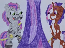 Size: 2335x1749 | Tagged: suggestive, artist:hoffmann10102010, bipedal, duo, duo female, female, females only, filly, foal, g5, grin, horn, imported from derpibooru, open mouth, open smile, pissing, promingent female, skye, smiling, traditional art, tree, unicorn, urine, using the bathroom in the woods, violette rainbow, vitiligo, zebra