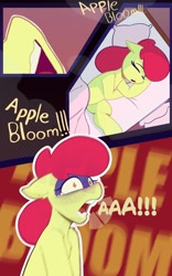 Size: 2557x4096 | Tagged: safe, artist:luanbang, apple bloom, comic:derpiduck in duckventure, comic, dialogue, earth pony, female, filly, foal, g4, imported from derpibooru, offscreen character, open mouth, outline, pony, sleeping, solo, waking up, white outline